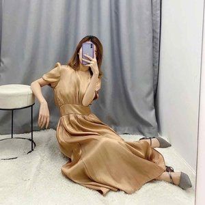 ZARA Copper Midi Dress with Voluminous Sleeves